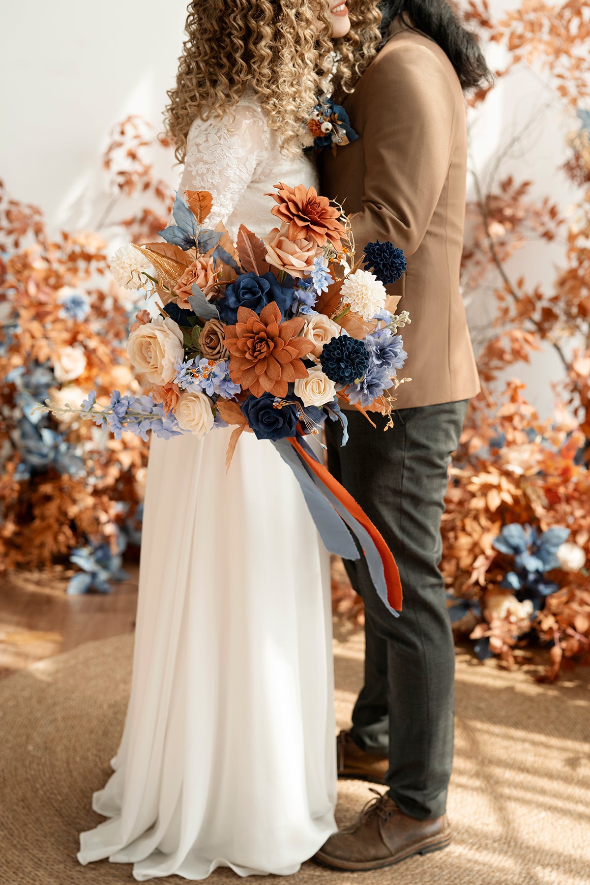 Medium Free-Form Bridal Bouquet in Russet Orange & Denim Blue