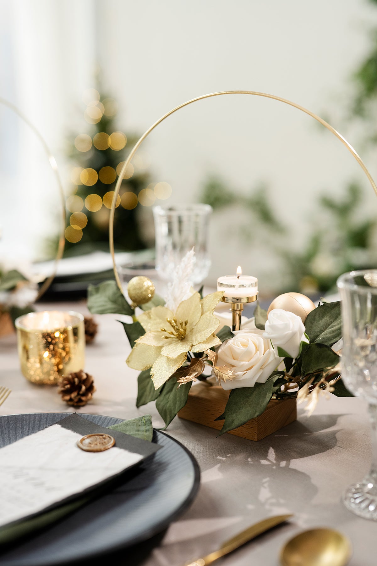 Wreath Hoop Centerpiece Set in Champagne Christmas