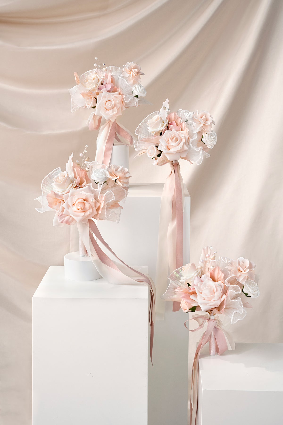 Free-Form Bridesmaid Bouquets in Glowing Blush & Pearl