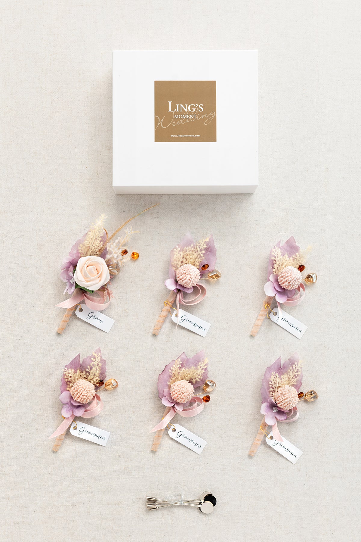 Boutonnieres in Lavender Aster & Burnt Orange | Clearance