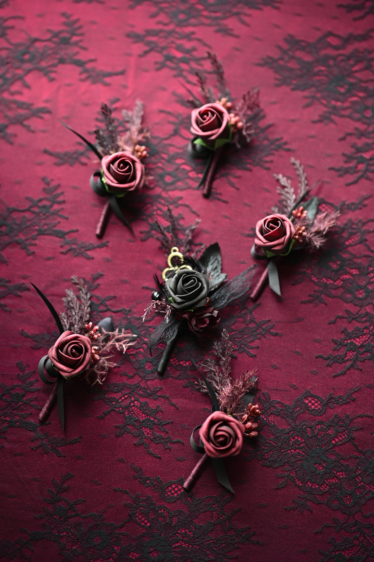 Boutonnieres in Moody Burgundy & Black