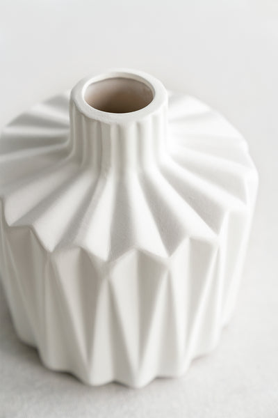 White Ceramic Vase With Folded Grain in White & Sage