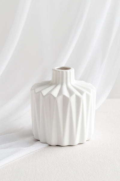 White Ceramic Vase With Folded Grain in White & Sage