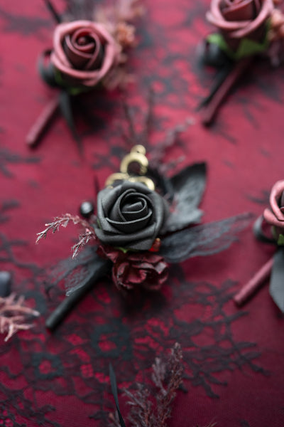 Boutonnieres in Moody Burgundy & Black