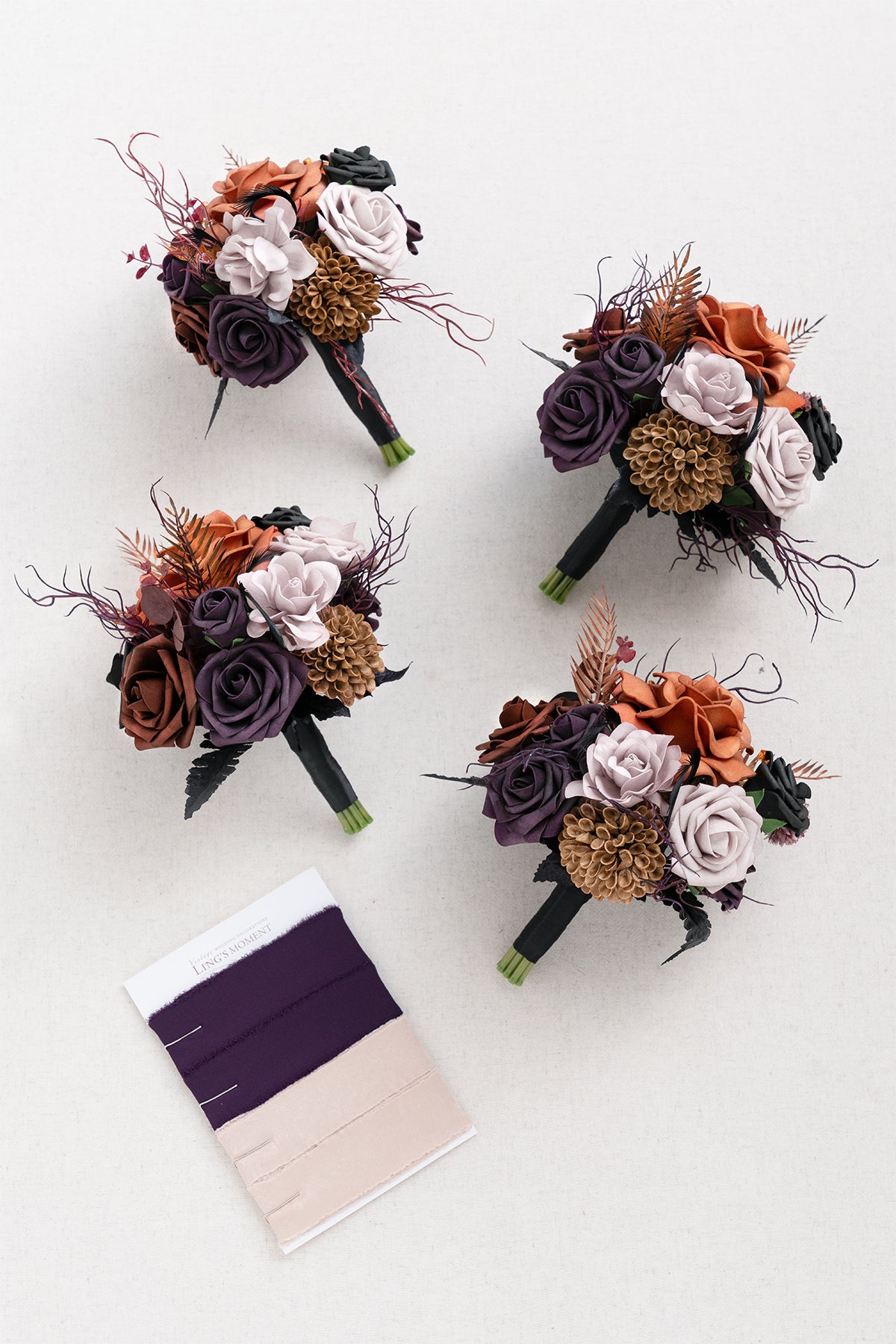 Round Bridesmaid Bouquets in Twilight Purple & Harvest Orange