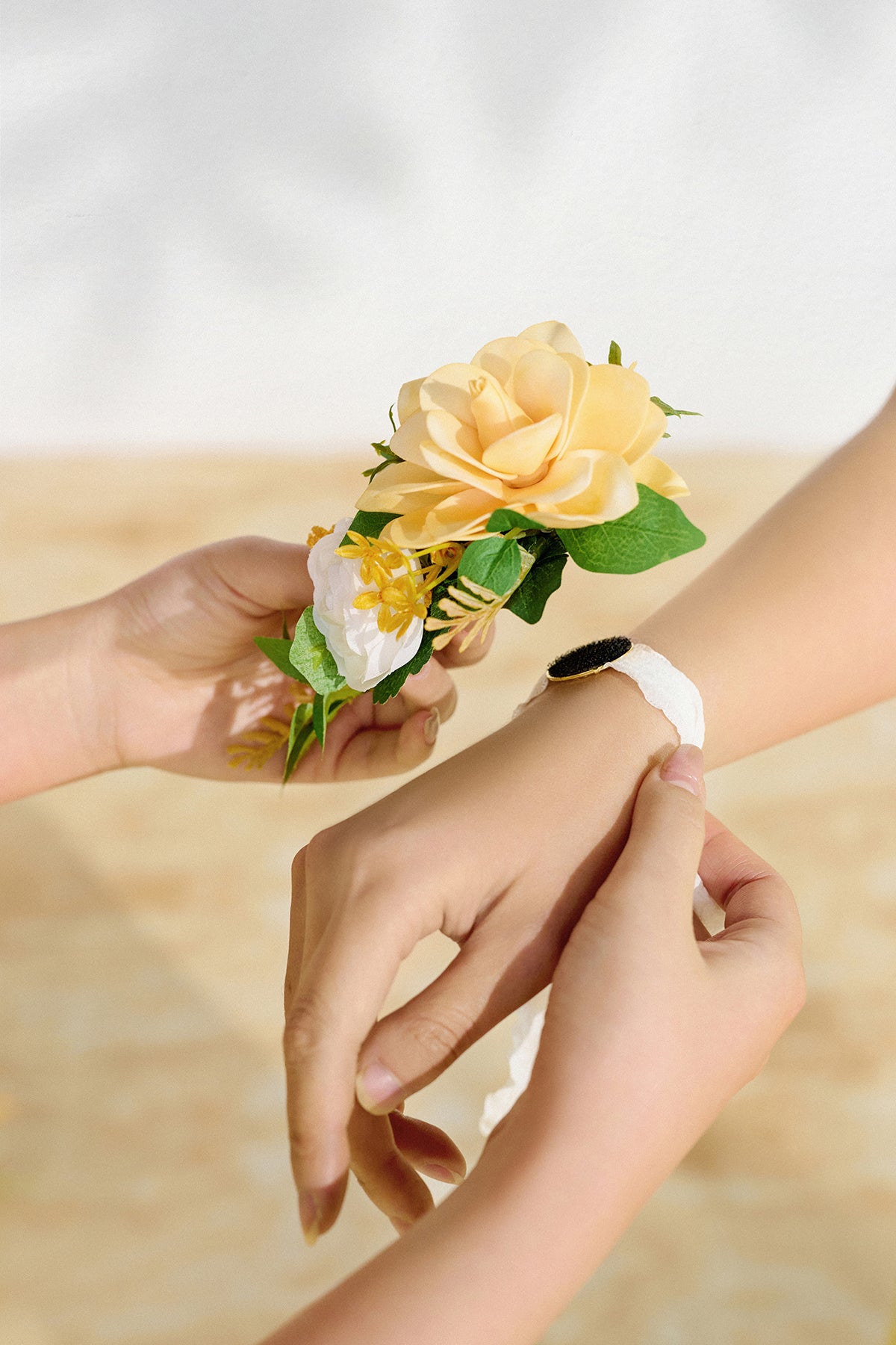 Wrist and Shoulder Corsages in Lemonade Yellow