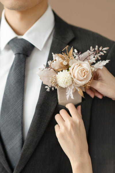Pocket Square Boutonniere for Groom in White & Beige