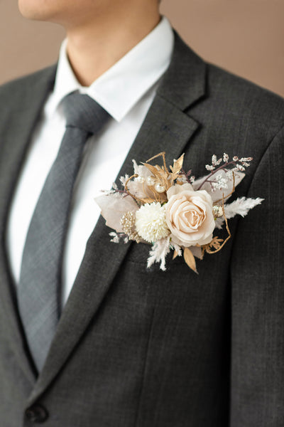 Pocket Square Boutonniere for Groom in White & Beige