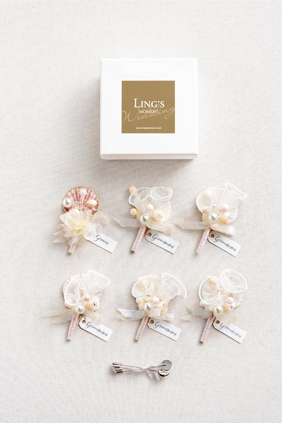Boutonnieres in Glowing Blush & Pearl