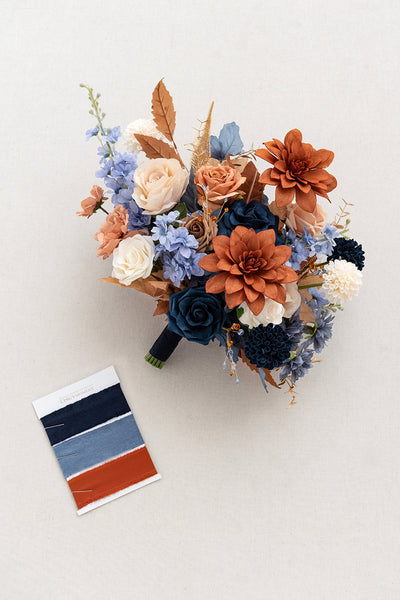 Medium Free-Form Bridal Bouquet in Russet Orange & Denim Blue