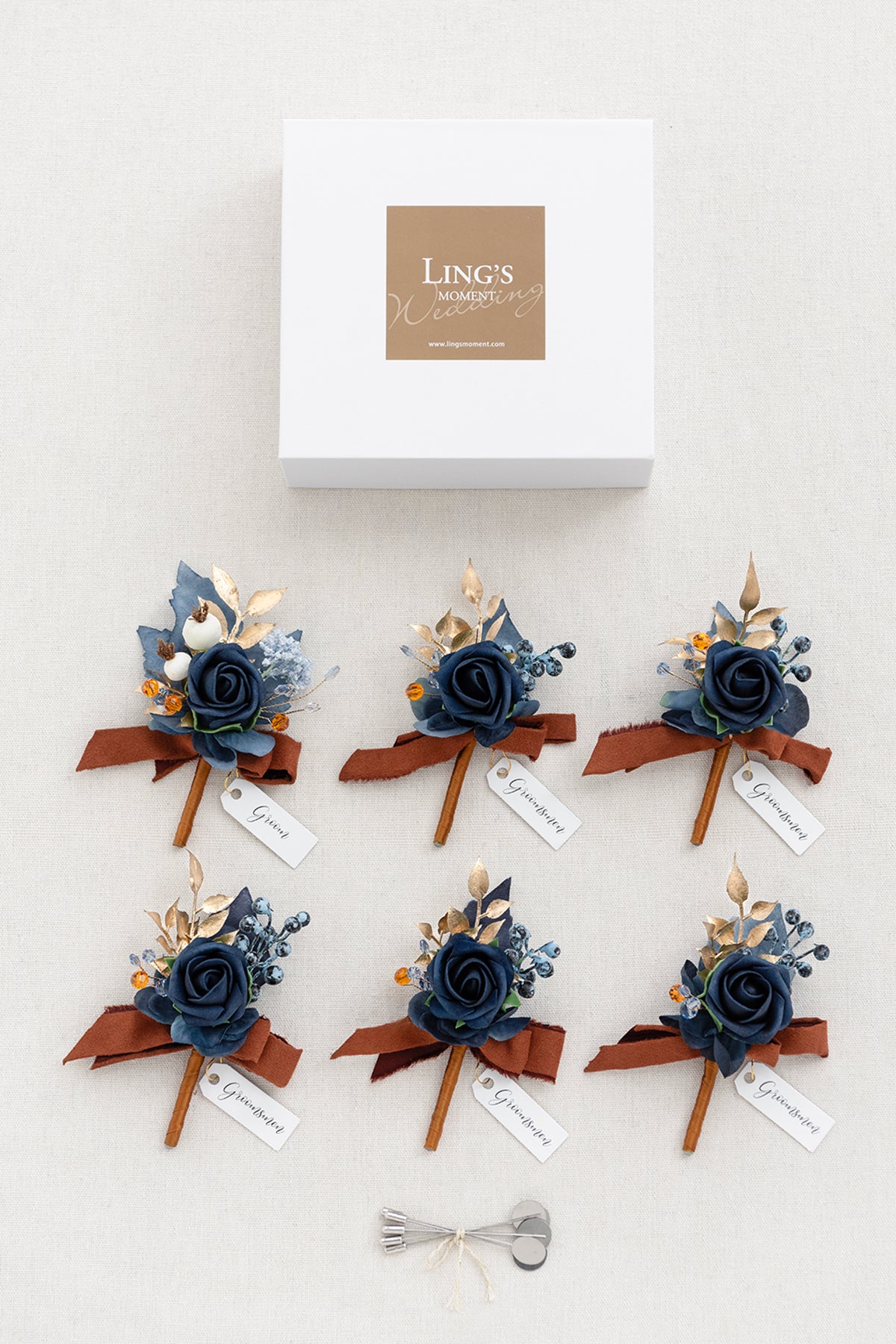 Boutonnieres in Russet Orange & Denim Blue