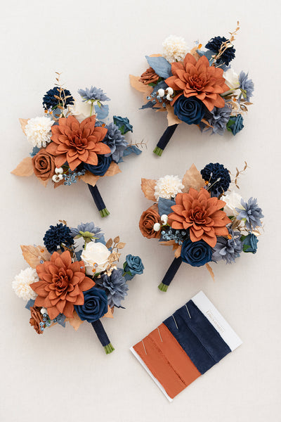 Round Bridesmaid Bouquets in Russet Orange & Denim Blue