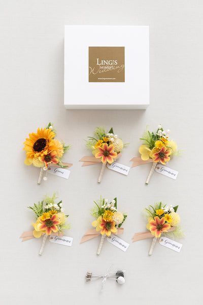 Boutonnieres in Sunflower & Peach