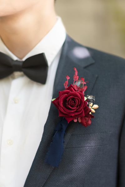 Boutonnieres in Burgundy & Navy