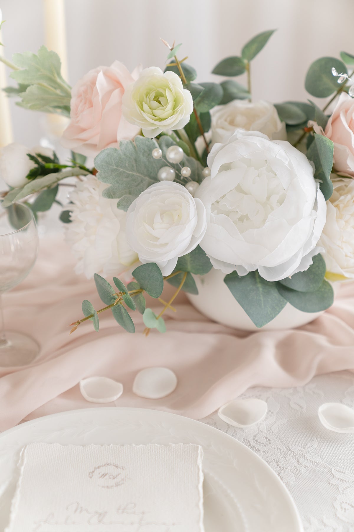 Silk Rose Petals in White & Sage