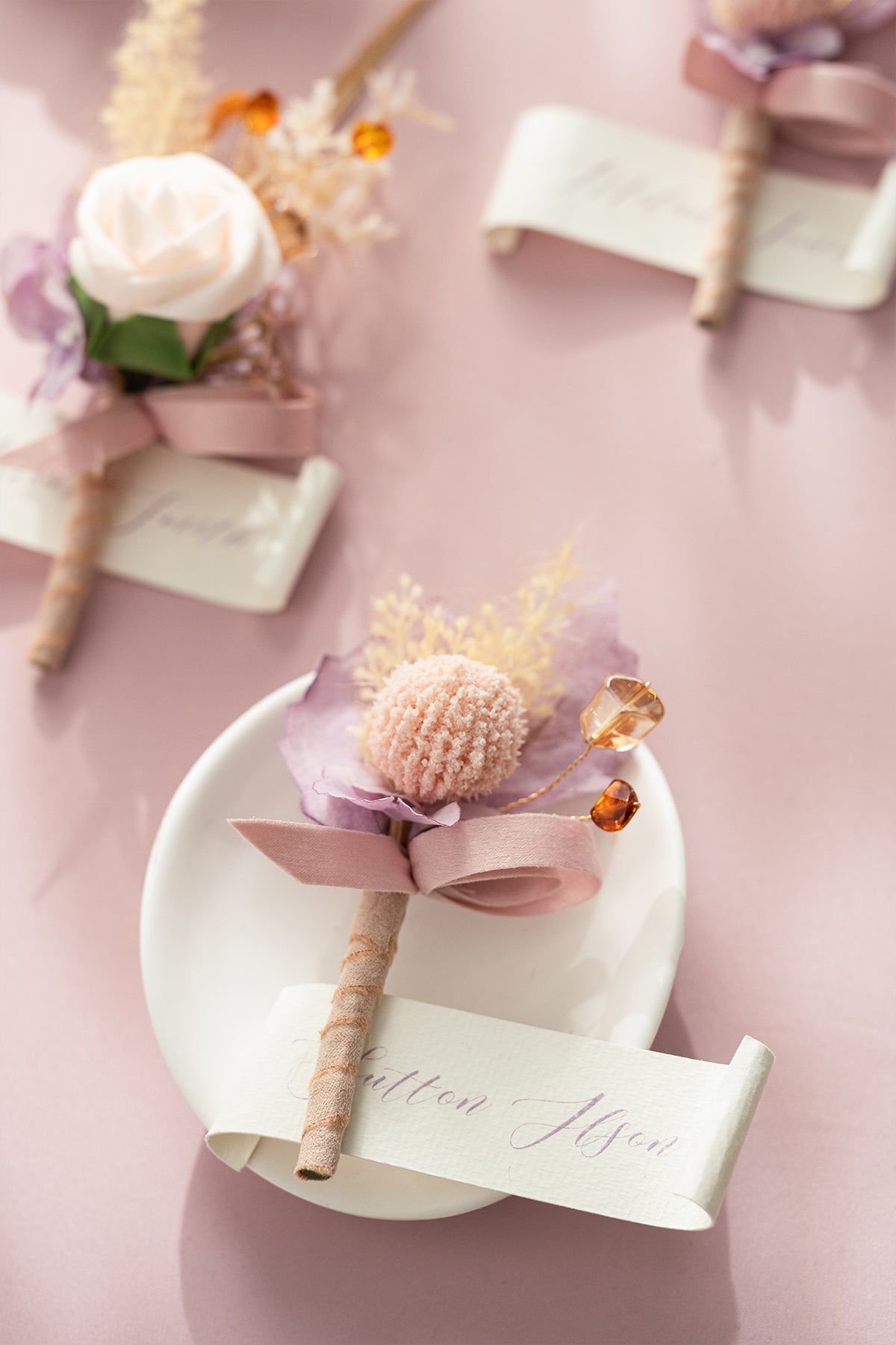 Boutonnieres in Lavender Aster & Burnt Orange