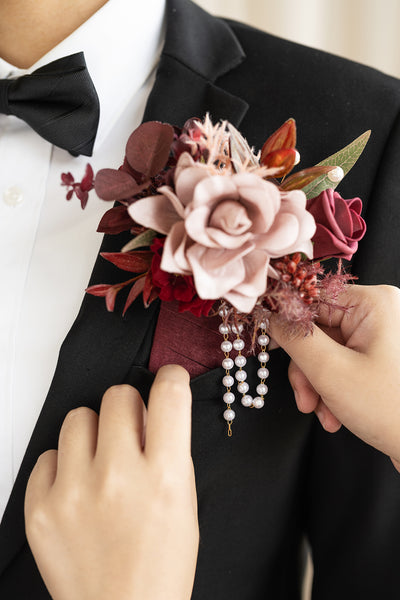 Pocket Square Boutonniere for Groom in Burgundy & Dusty Rose