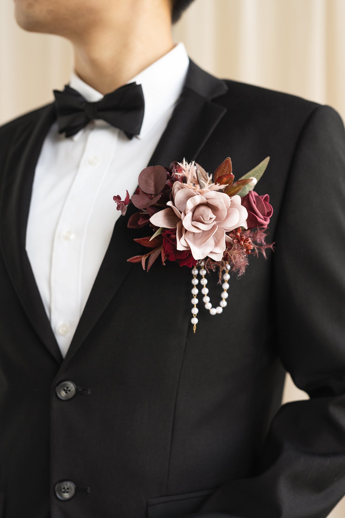 Pocket Square Boutonniere for Groom in Burgundy & Dusty Rose