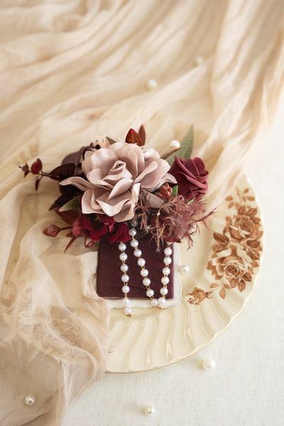 Pocket Square Boutonniere for Groom in Burgundy & Dusty Rose