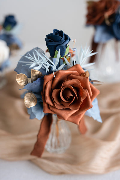 Mini Premade Flower Centerpiece in Russet Orange & Denim Blue