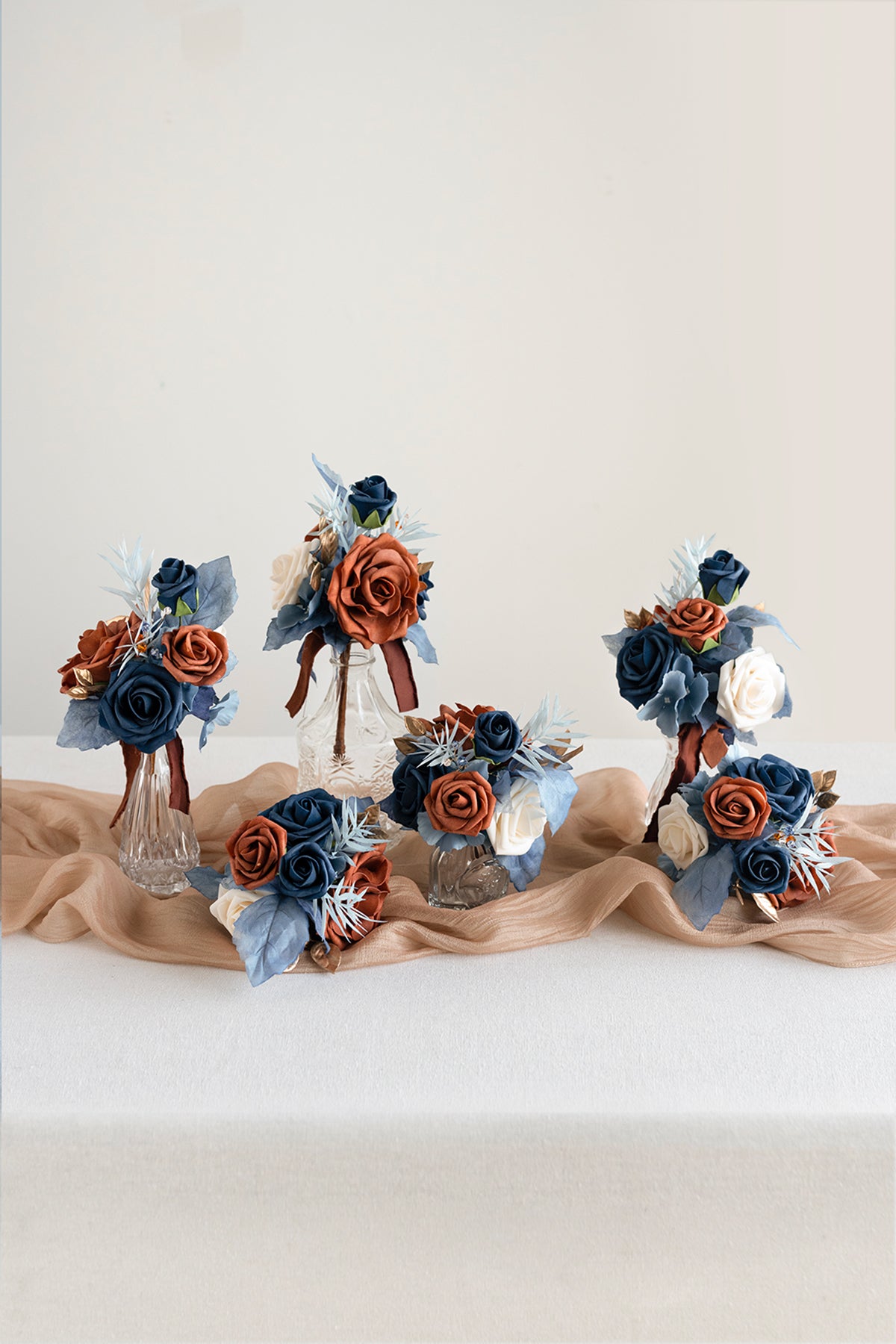 Mini Premade Flower Centerpiece in Russet Orange & Denim Blue