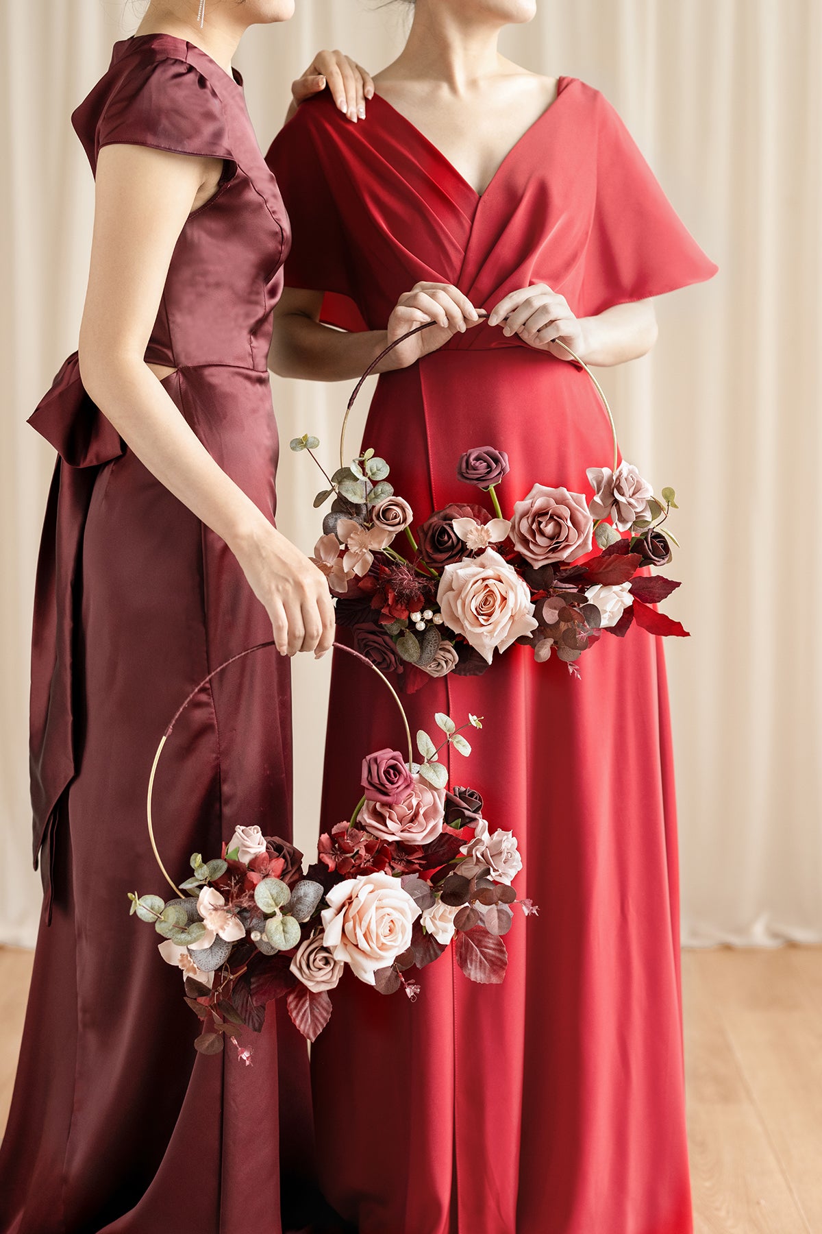 Hoop Bridesmaid Bouquets in Burgundy & Dusty Rose