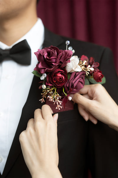 Pocket Square Boutonniere for Groom in Romantic Marsala