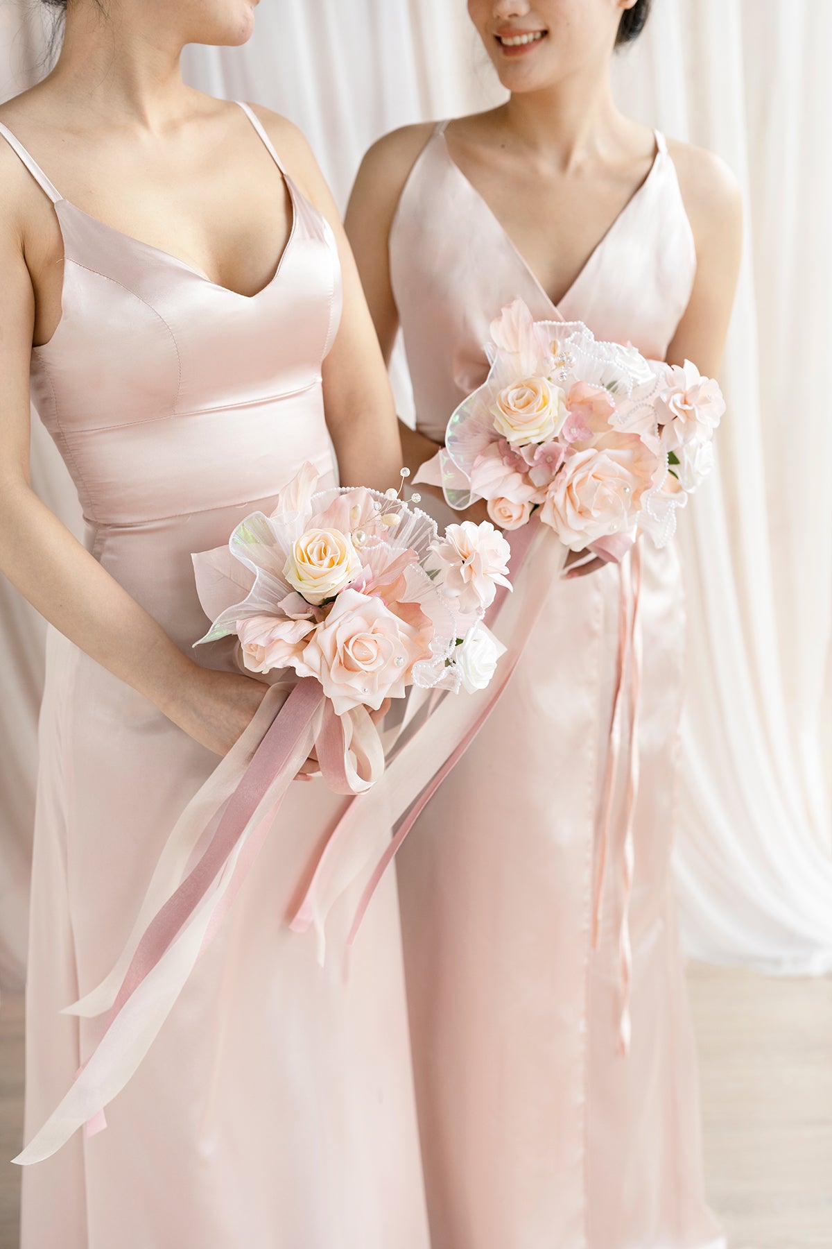 Free-Form Bridesmaid Bouquets in Glowing Blush & Pearl