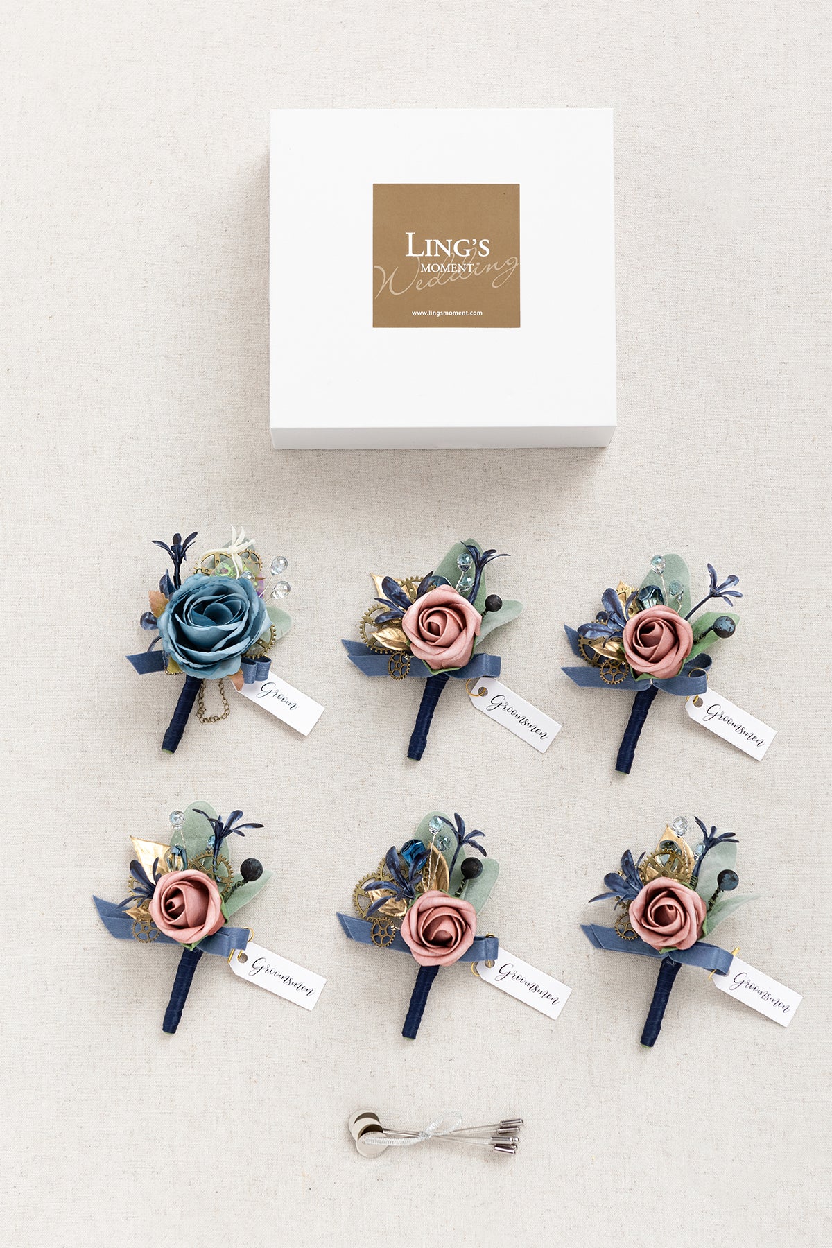 Boutonnieres in Dusty Rose & Navy