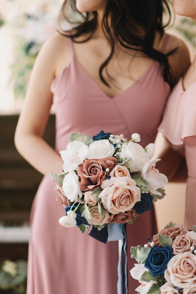 Maid of Honor & Bridesmaid Bouquets in Dusty Rose & Navy