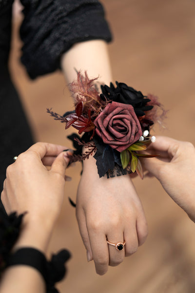 Wrist Corsages in Moody Burgundy & Black