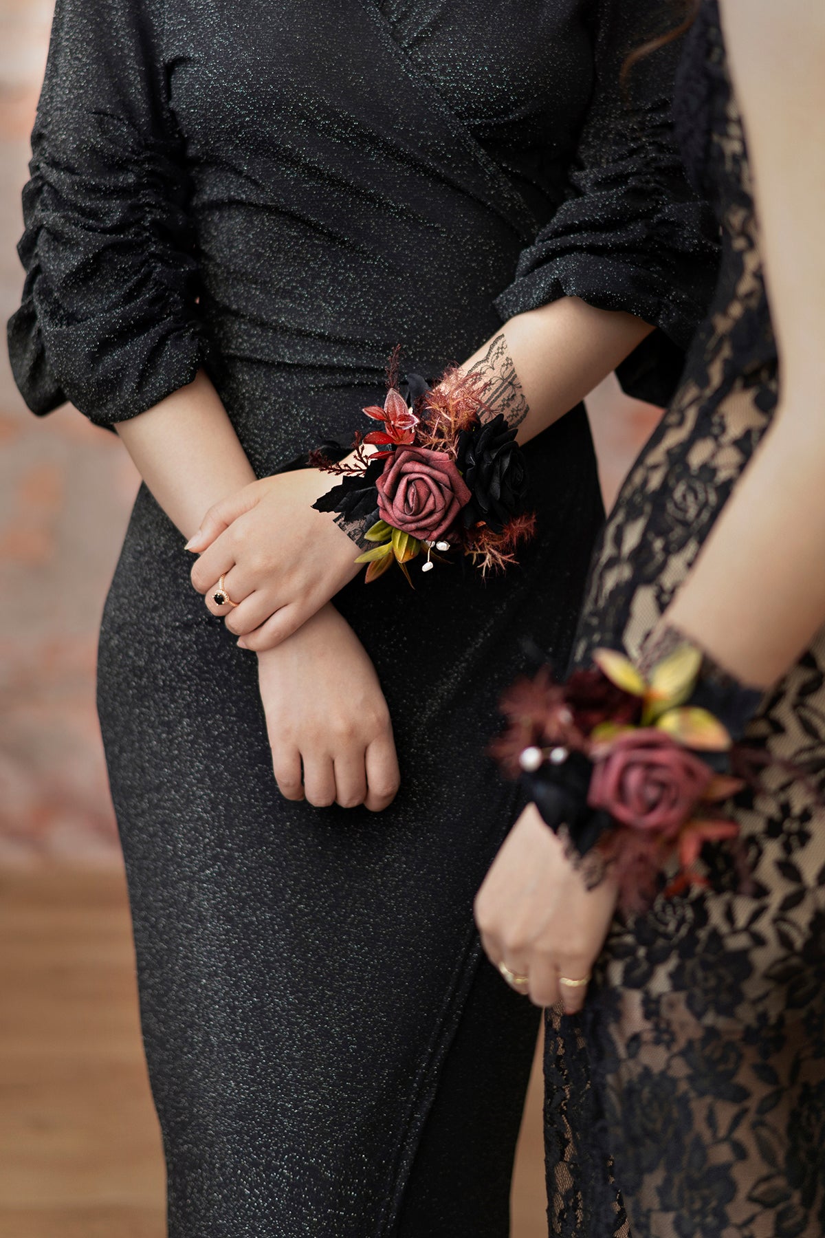 Wrist Corsages in Moody Burgundy & Black