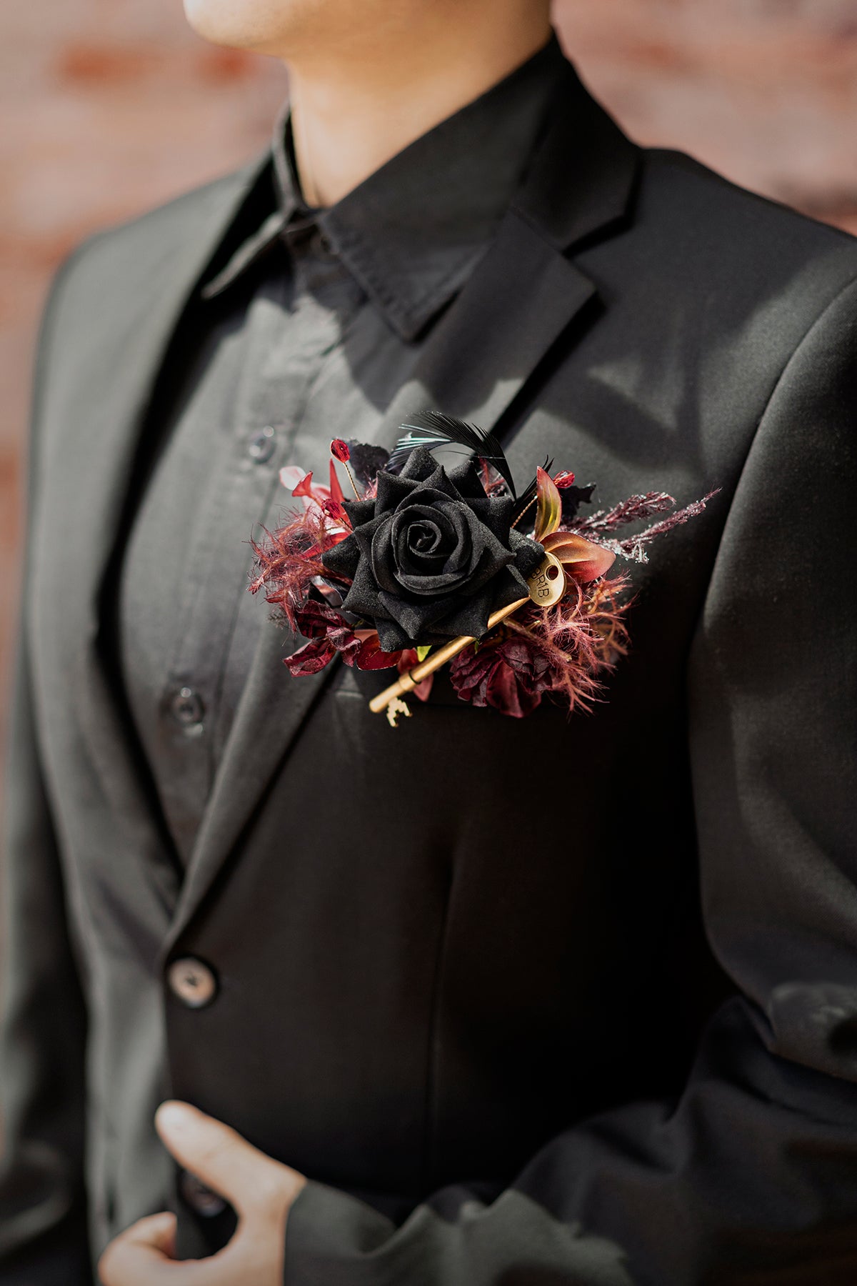 Pocket Square Boutonniere for Groom in Moody Burgundy & Black