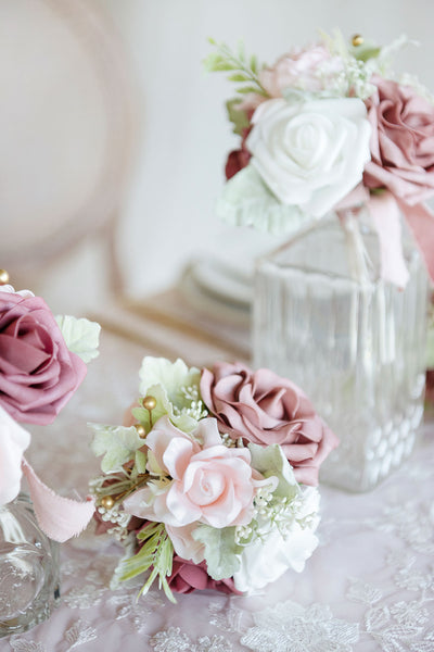 Mini Premade Flower Centerpiece Set in Dusty Rose & Cream