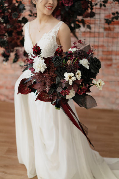 Medium Free-Form Bridal Bouquet in Moody Burgundy & Black