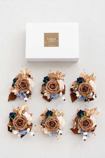 Wrist Corsages in Russet Orange & Denim Blue