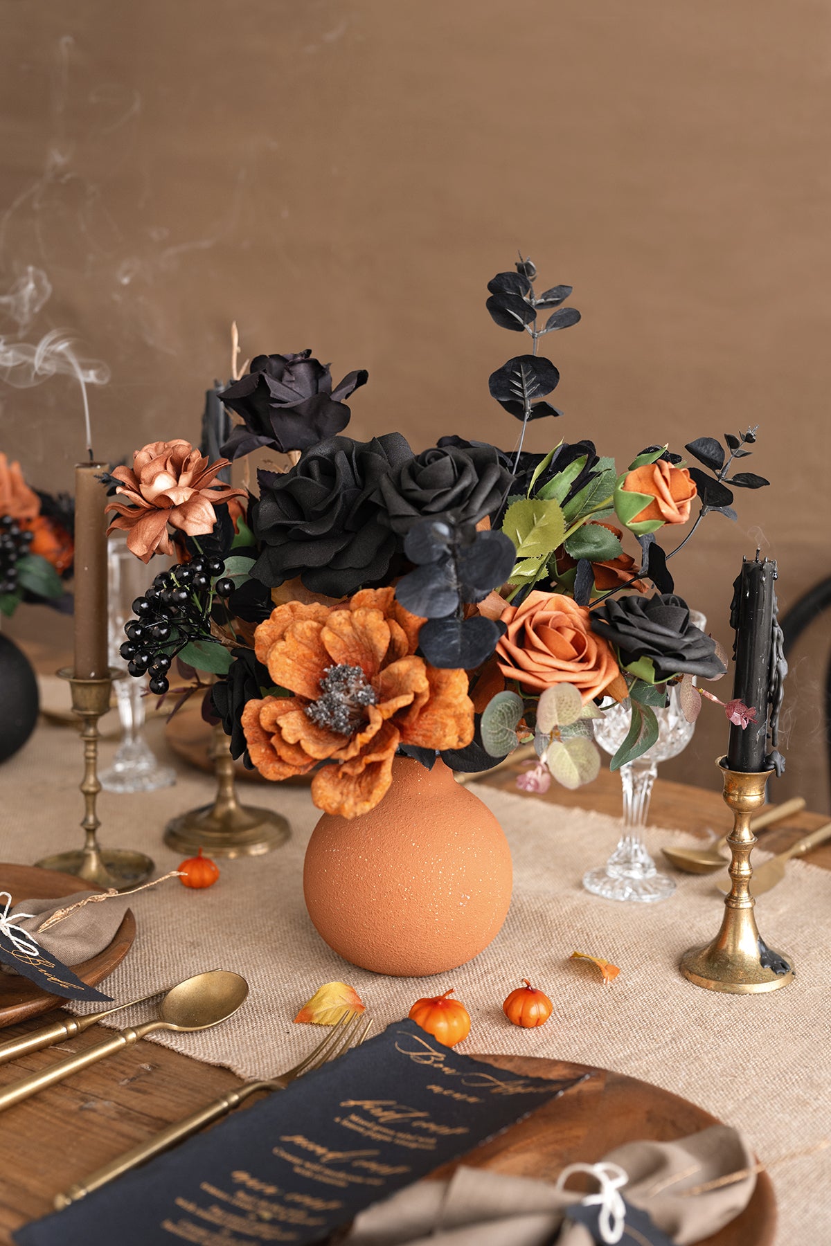Spherical Ceramic Vase for Halloween in Black & Pumpkin Orange