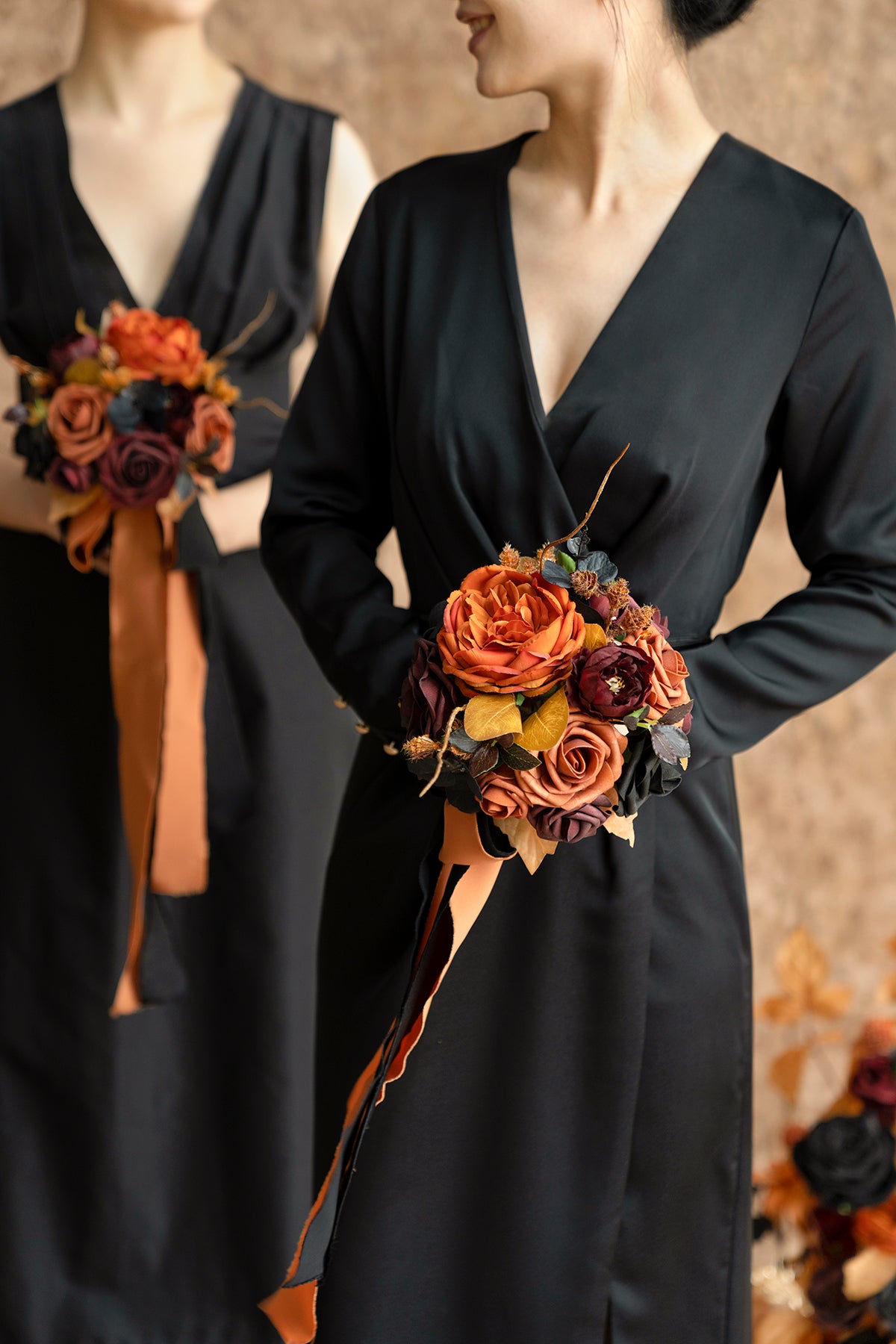 Round Bridesmaid Bouquets in Black & Pumpkin Orange | Clearance