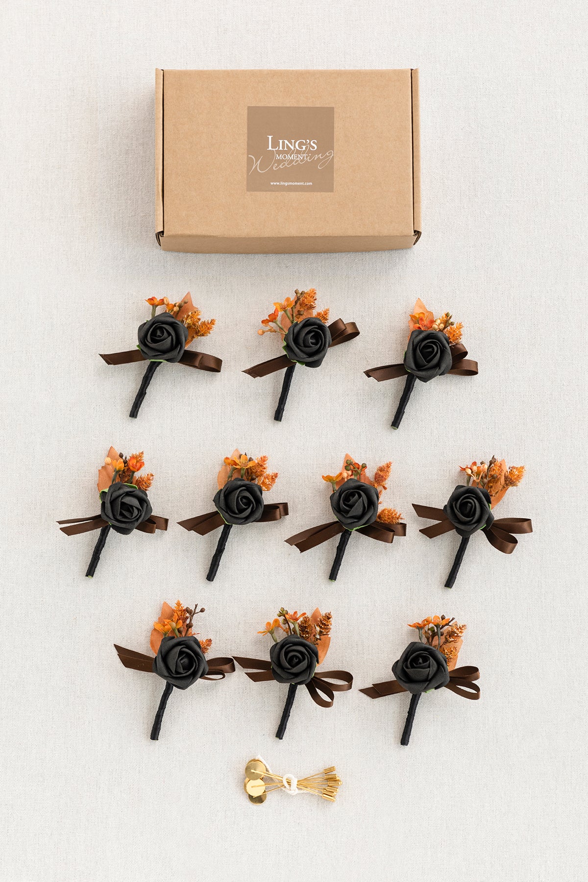 Boutonnieres for Guests in Black & Pumpkin Orange | Clearance