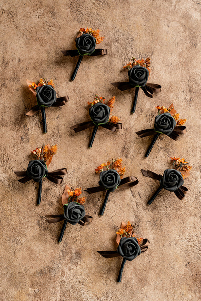 Boutonnieres for Guests in Black & Pumpkin Orange | Clearance