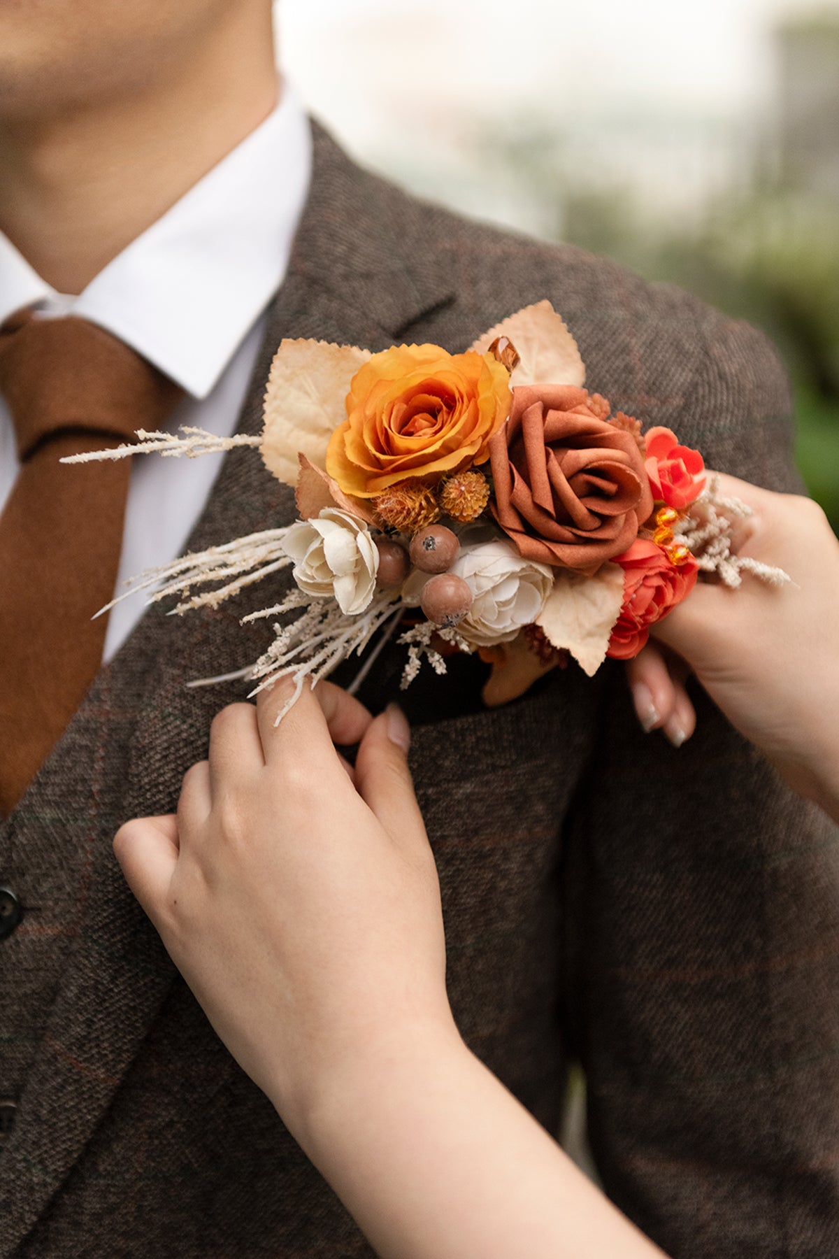 Pocket Square Boutonniere for Groom in Passion Terracotta