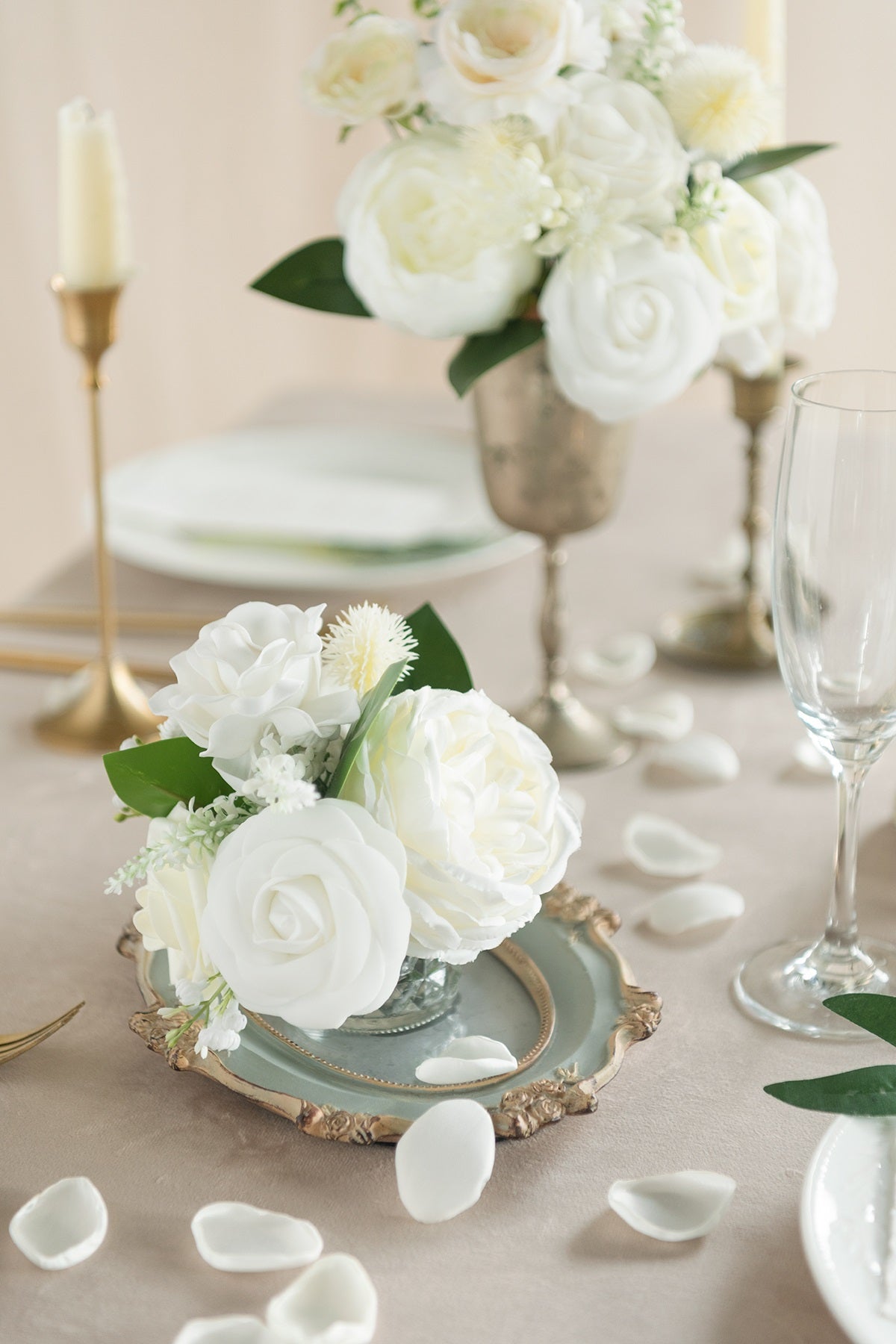 Silk Rose Petals in White & Sage