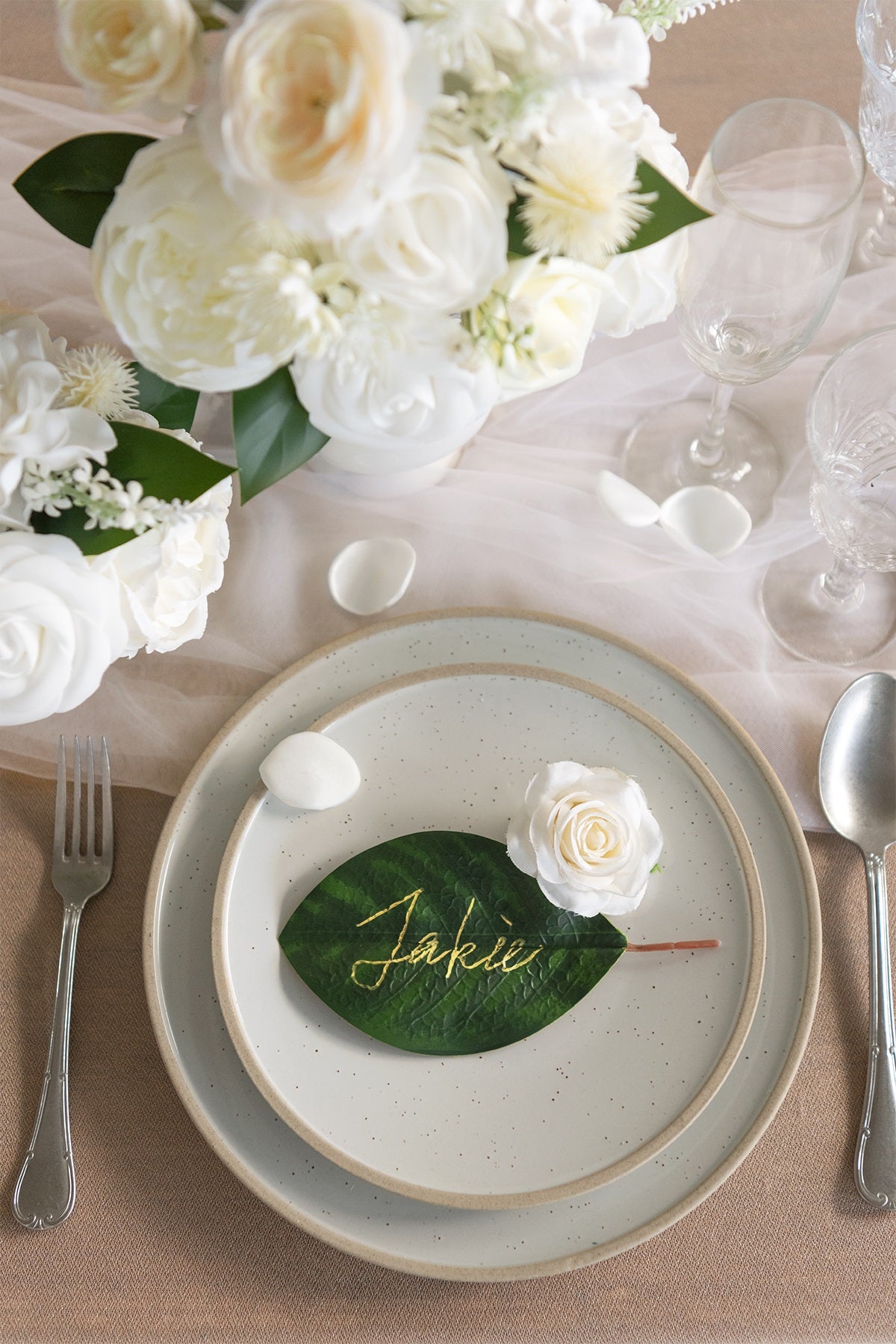 Silk Rose Petals in White & Sage