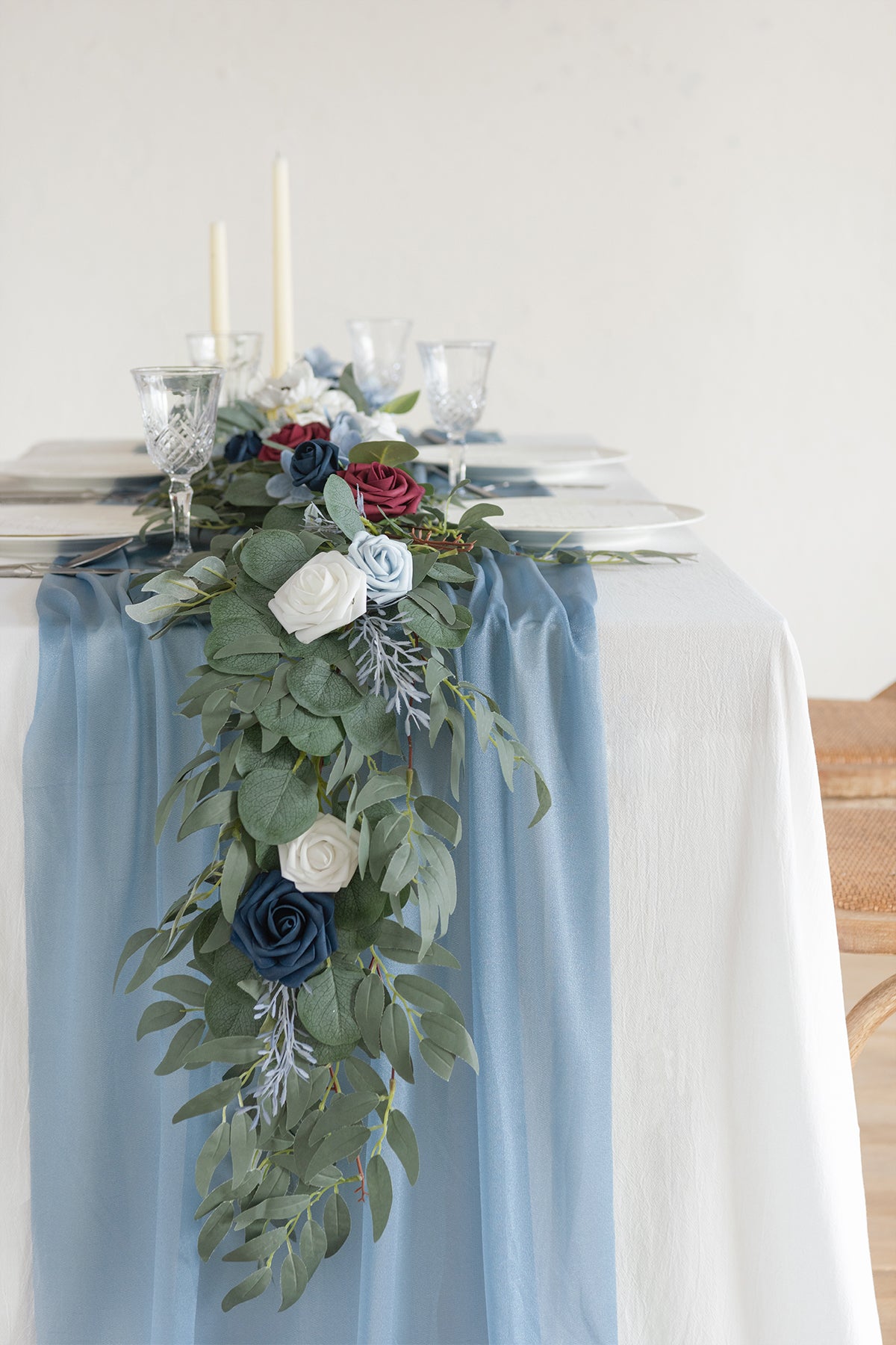 Table Linens in Dusty Blue and Navy