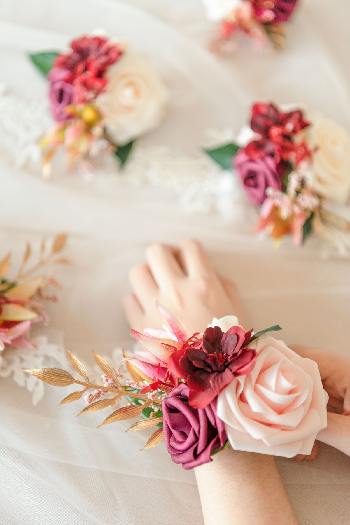 Wrist Corsages in Romantic Marsala