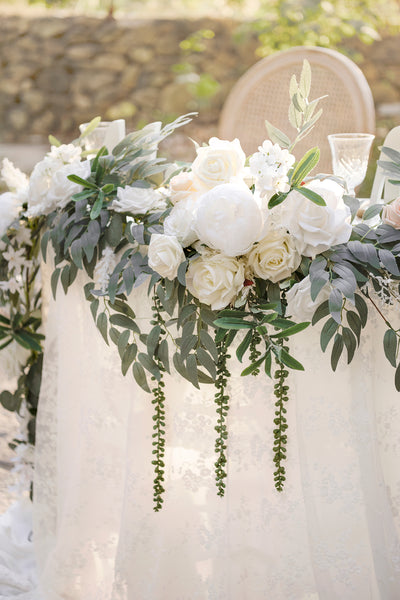 9ft Head Table Flower Garland in White & Sage