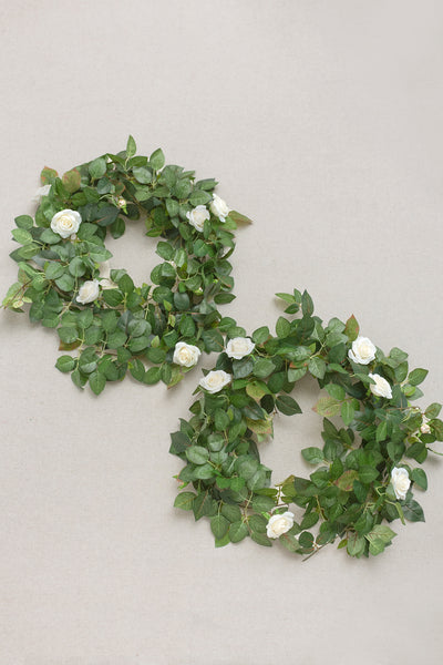 6.5ft Rose Leaf Greenery Garland with Mini Roses in Ivory