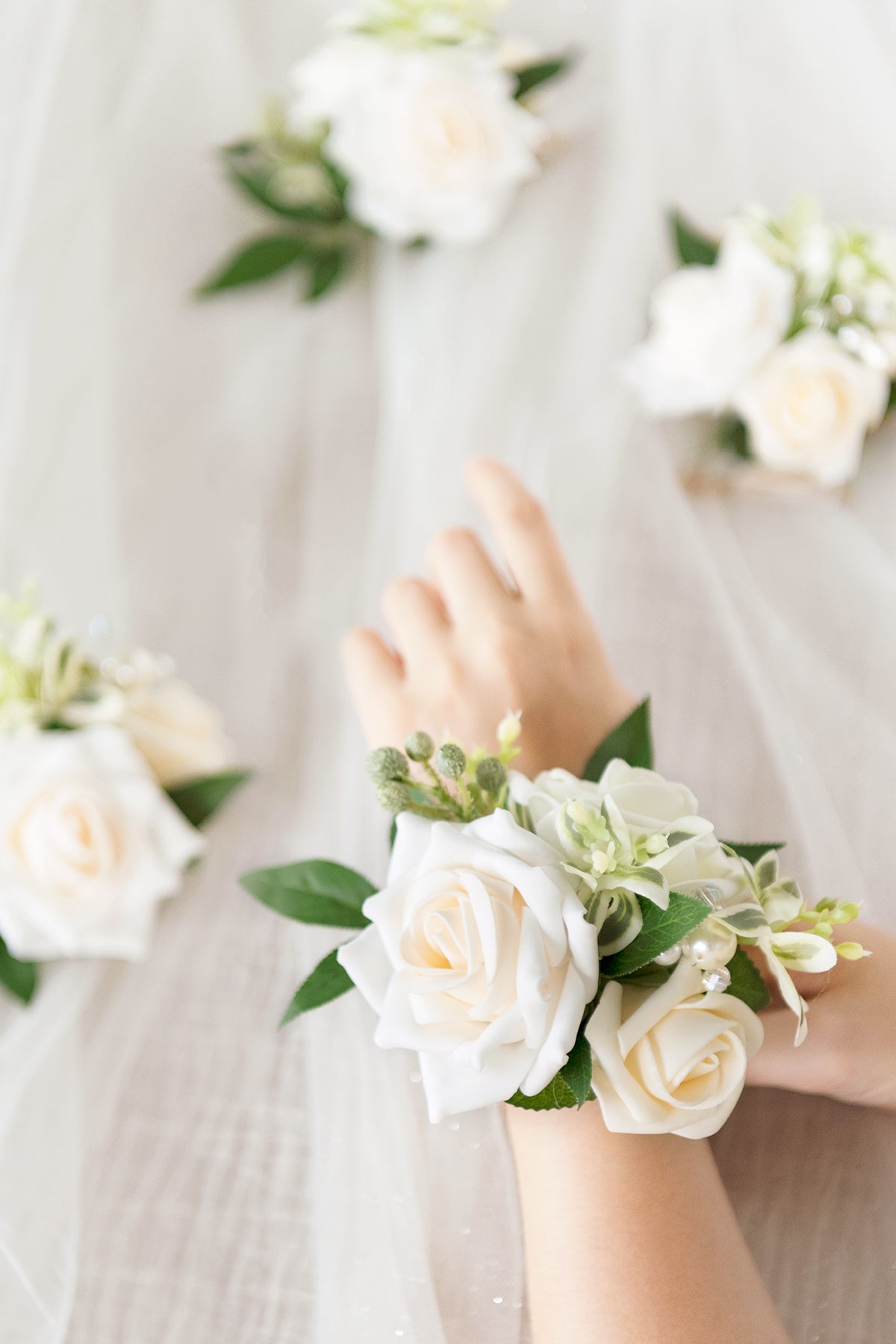  Ling's Moment White & Beige Wrist Corsages for Wedding