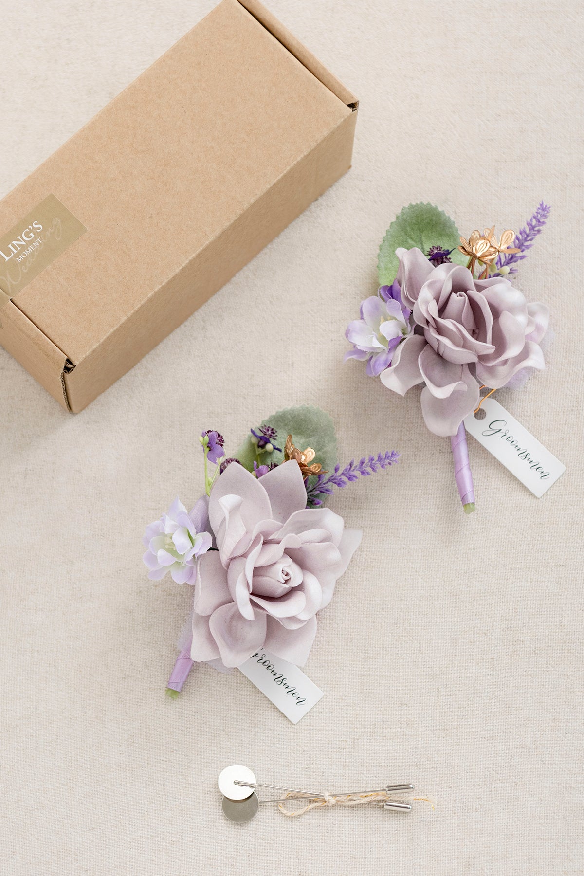 Boutonnieres in Lilac & Gold
