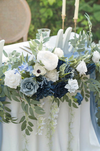 9ft Head Table Flower Garland in Dusty Blue & Navy